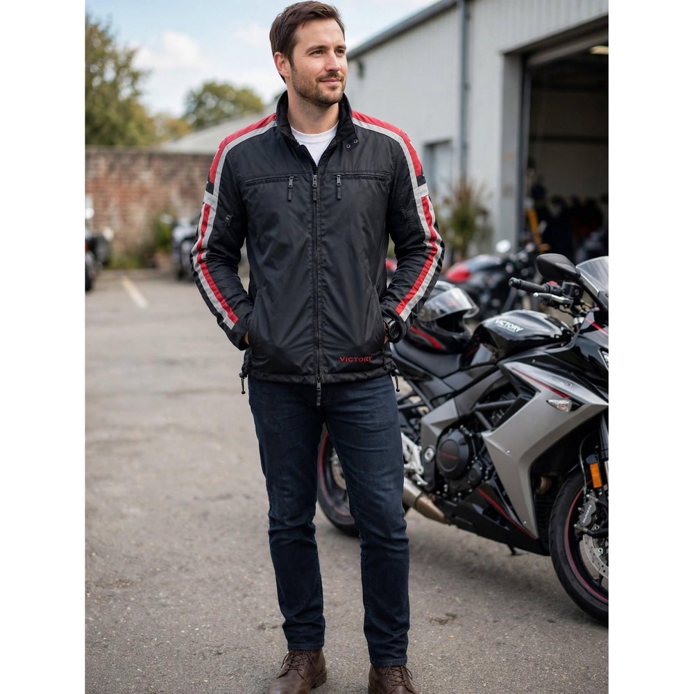 Victory Motorcycles Medium Nylon Riding Racing Jacket Black Red Gray Stripe USA